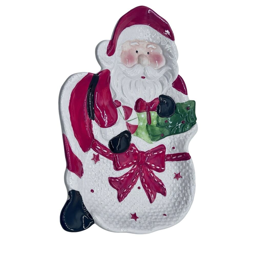 Santa Claus Serving Plate with Bag of Gifts 10” x 7” Excellent Condition Vintage
